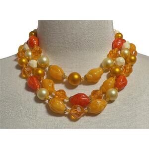 1960s Germany Orange & Cream 3 Strand Beaded Choker Necklace Vintage Mod